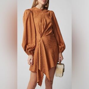 New Johanna Ortiz Mini Long-Sleeve Brown Exotic Spices Satin-Jacquard Dress